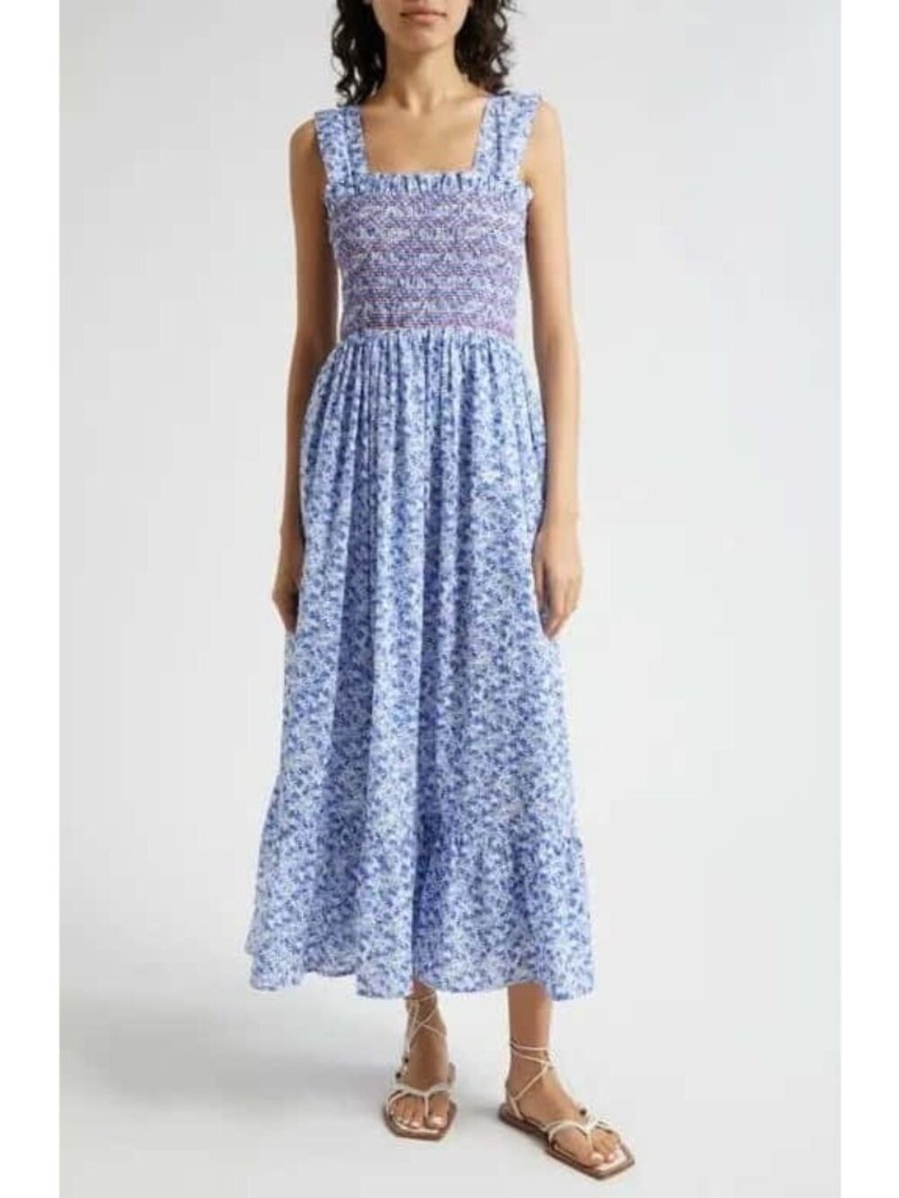 🆕 Mille Garden Smocked Floral Midi Dress Cotton Large 8-10 - Picture 2 of 12
